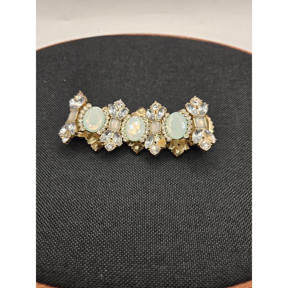 Gold Tone Mint Green Cabochon Crystal Statement Stretch Bracelet Floral Design